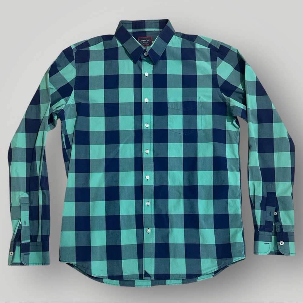 UNTUCKit Buffalo Check Shirt Mens XL Tall Slim Teal Navy Button Down